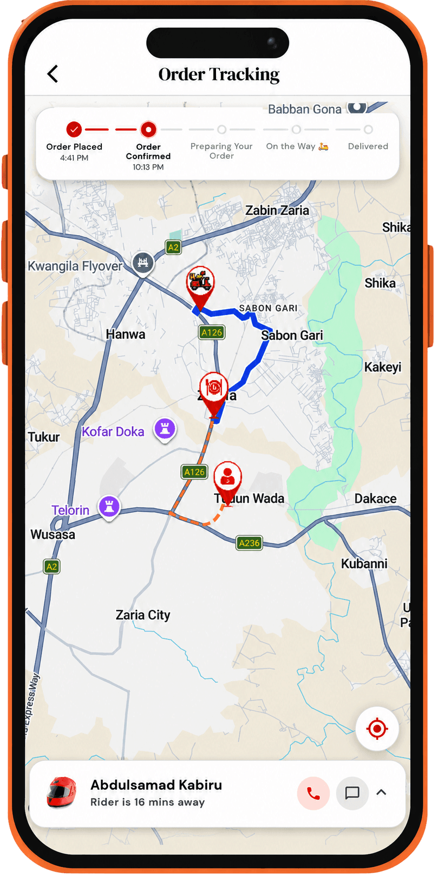 BiteExpress app showing live order tracking on a map, with the rider 16 minutes away