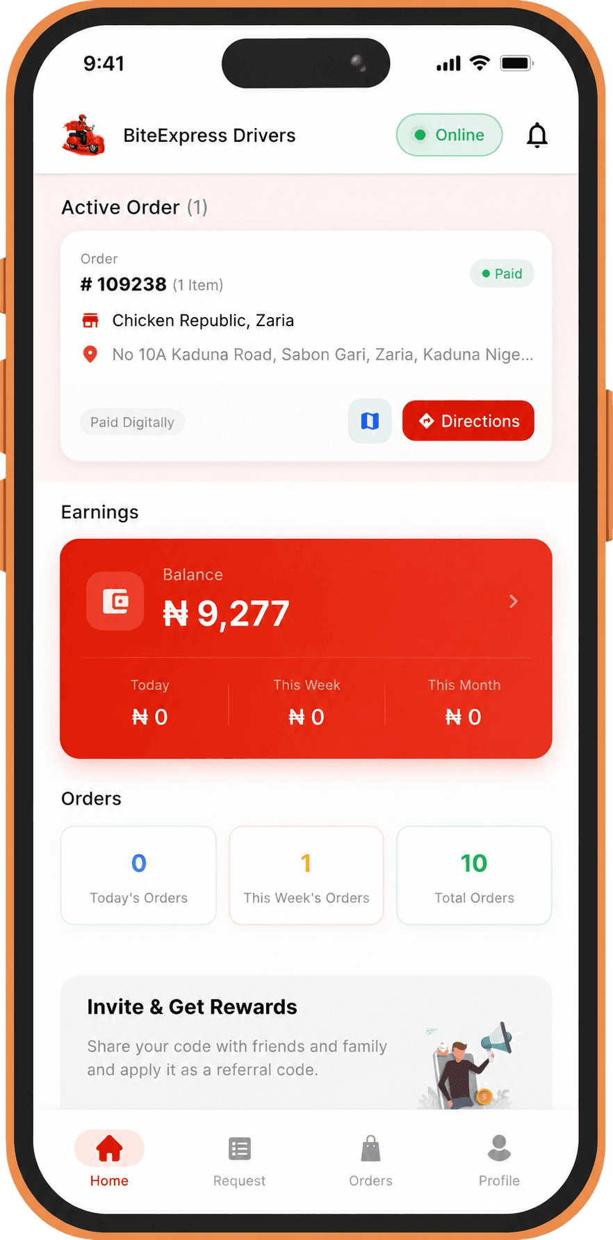 BiteExpress Rider app showing available deliveries and earnings