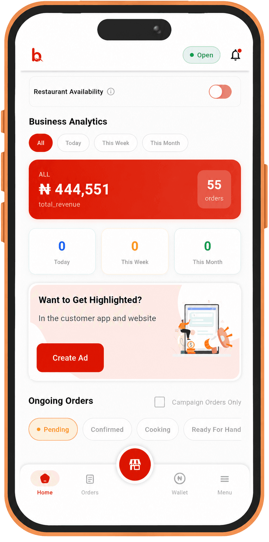 BiteExpress Vendor app home screen showing business analytics and ongoing orders