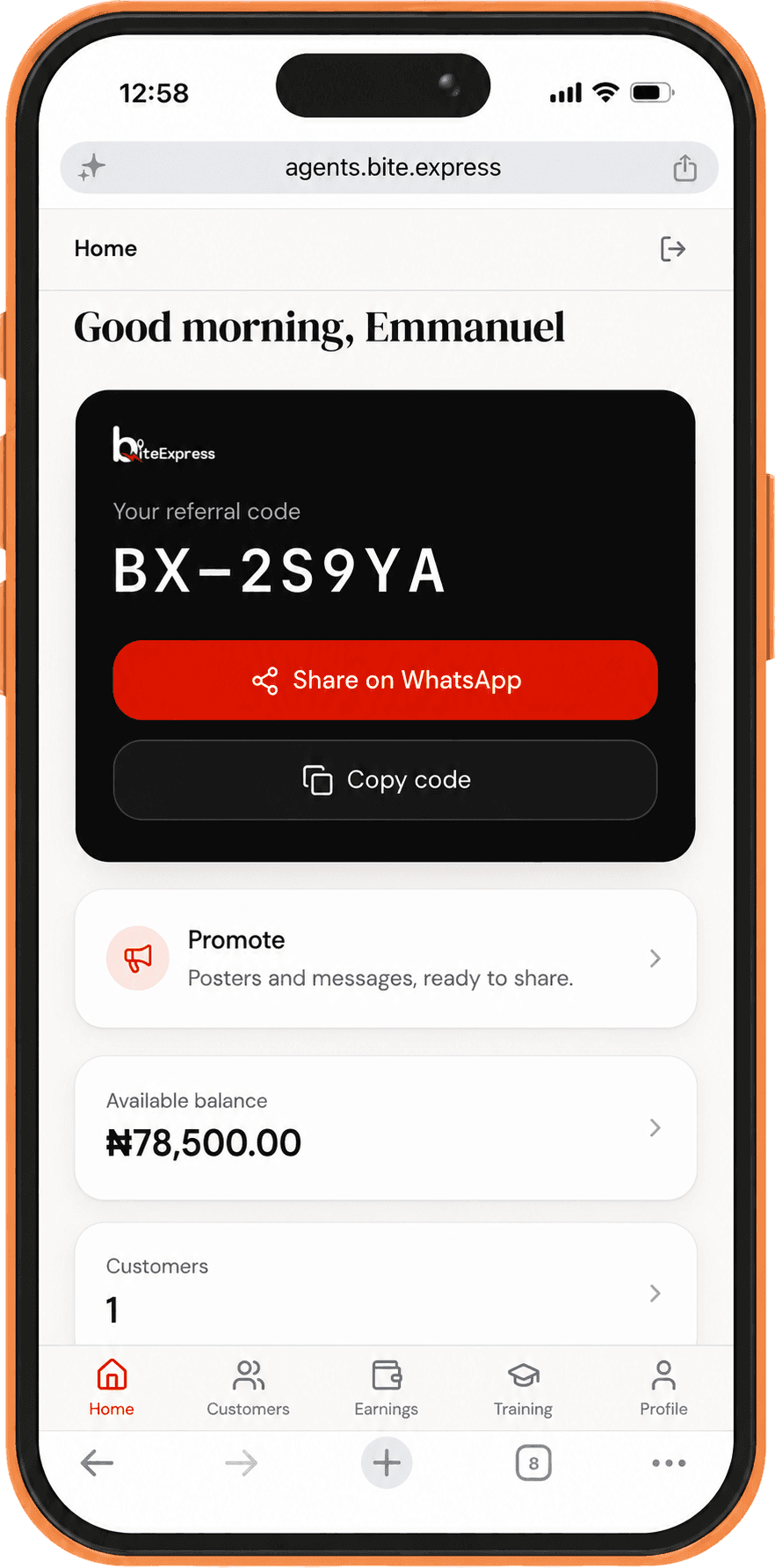 BiteExpress Agent app showing referral earnings and sign-ups